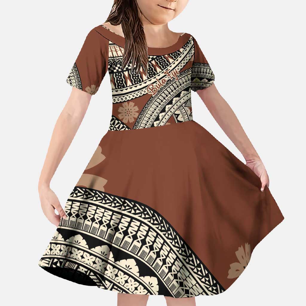 Bula Fiji Classic Masi Tapa Family Matching Long Sleeve Bodycon Dress and Hawaiian Shirt Vintage Brown LT7 Daughter's Dress Brown - Polynesian Pride