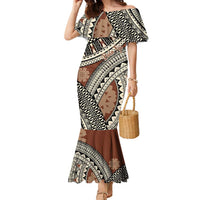 Bula Fiji Classic Masi Tapa Family Matching Mermaid Dress and Hawaiian Shirt Vintage Brown LT7 Mom's Dress Brown - Polynesian Pride
