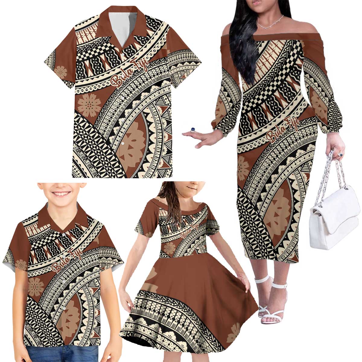 Bula Fiji Classic Masi Tapa Family Matching Off The Shoulder Long Sleeve Dress and Hawaiian Shirt Vintage Brown LT7 - Polynesian Pride