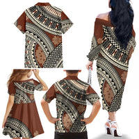Bula Fiji Classic Masi Tapa Family Matching Off The Shoulder Long Sleeve Dress and Hawaiian Shirt Vintage Brown LT7 - Polynesian Pride