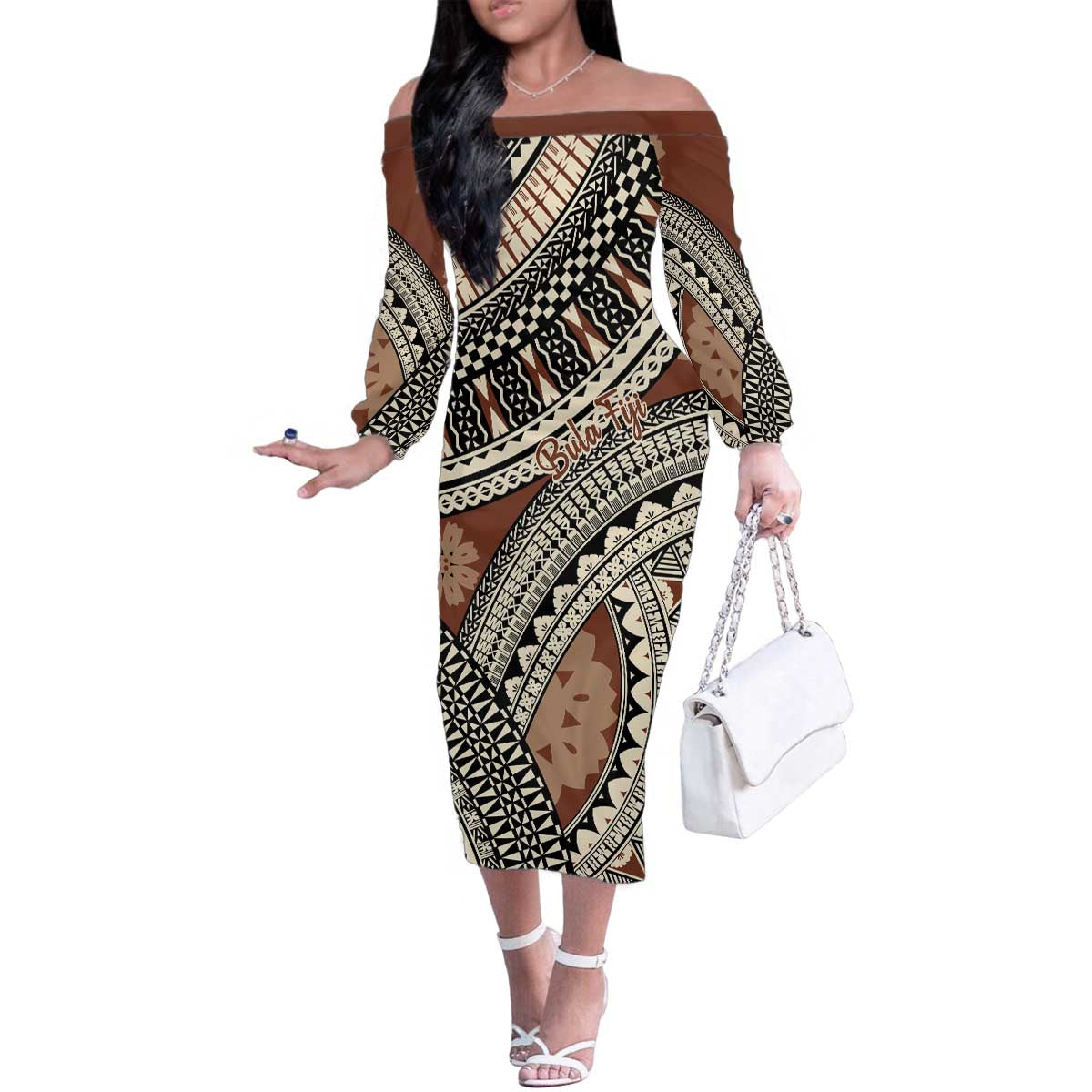Bula Fiji Classic Masi Tapa Family Matching Off The Shoulder Long Sleeve Dress and Hawaiian Shirt Vintage Brown LT7 Mom's Dress Brown - Polynesian Pride
