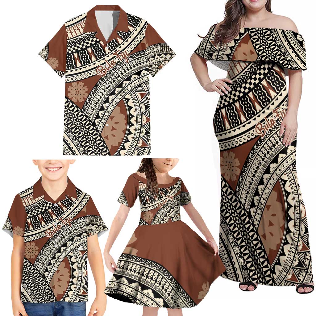 Bula Fiji Classic Masi Tapa Family Matching Off Shoulder Maxi Dress and Hawaiian Shirt Vintage Brown LT7 - Polynesian Pride
