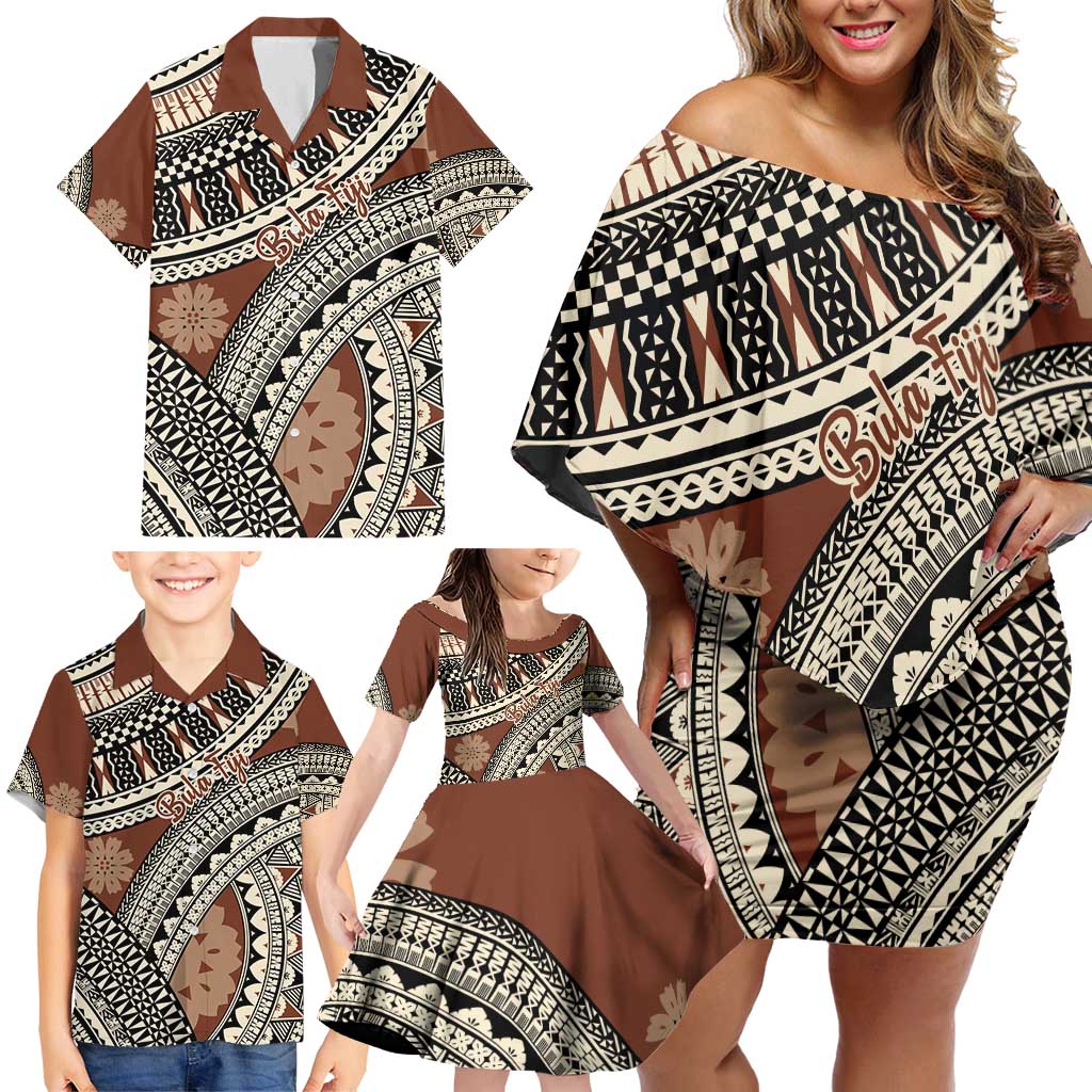 Bula Fiji Classic Masi Tapa Family Matching Off Shoulder Short Dress and Hawaiian Shirt Vintage Brown LT7 - Polynesian Pride