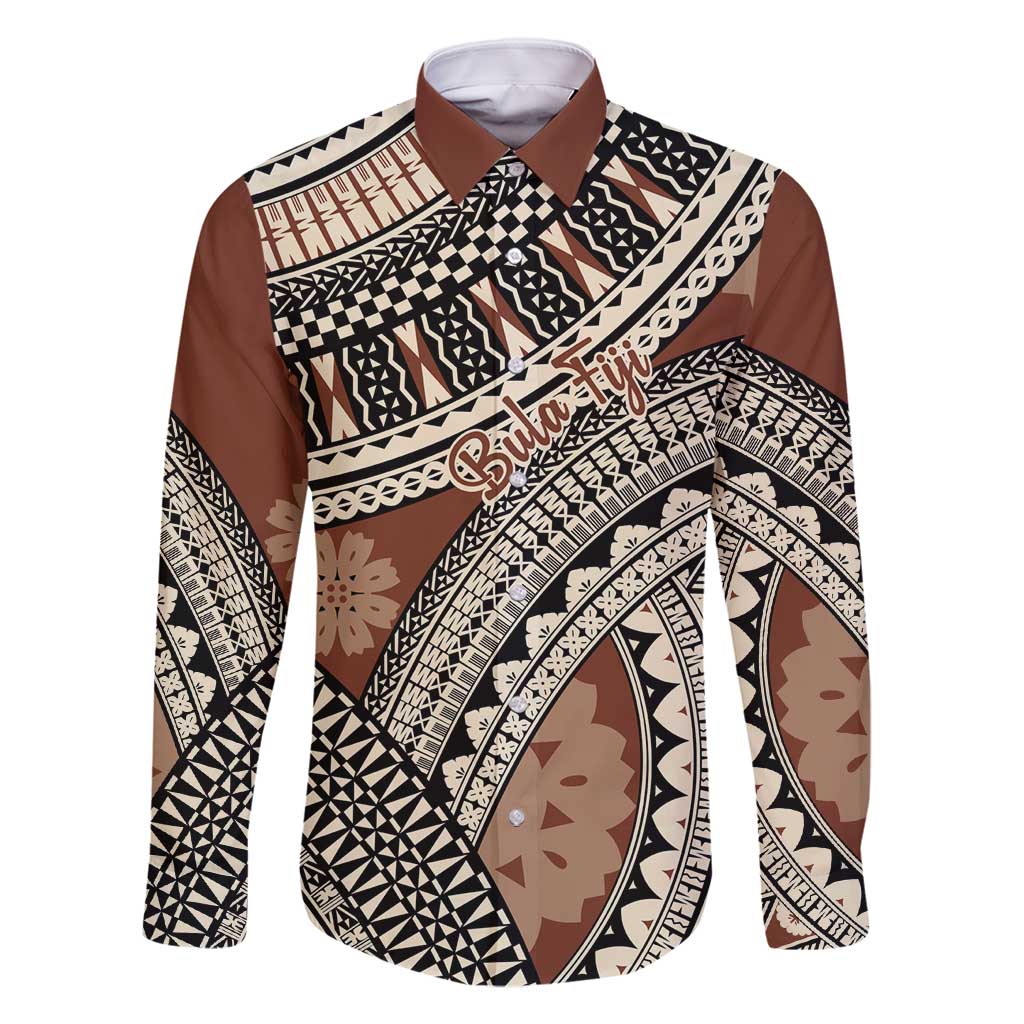 Bula Fiji Classic Masi Tapa Family Matching Off Shoulder Short Dress and Hawaiian Shirt Vintage Brown LT7 Dad's Shirt - Long Sleeve Brown - Polynesian Pride