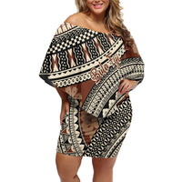 Bula Fiji Classic Masi Tapa Family Matching Off Shoulder Short Dress and Hawaiian Shirt Vintage Brown LT7 Mom's Dress Brown - Polynesian Pride