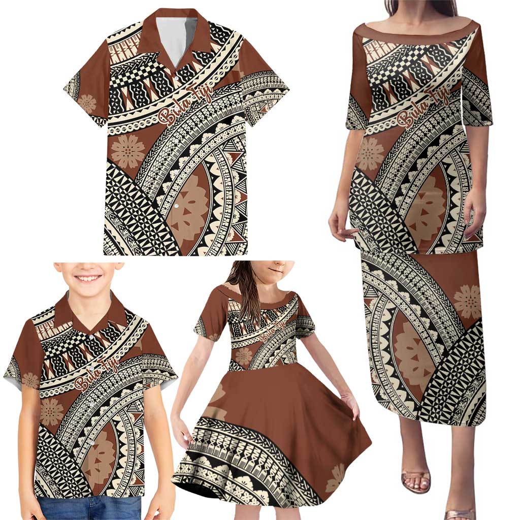 Bula Fiji Classic Masi Tapa Family Matching Puletasi and Hawaiian Shirt Vintage Brown - Polynesian Pride