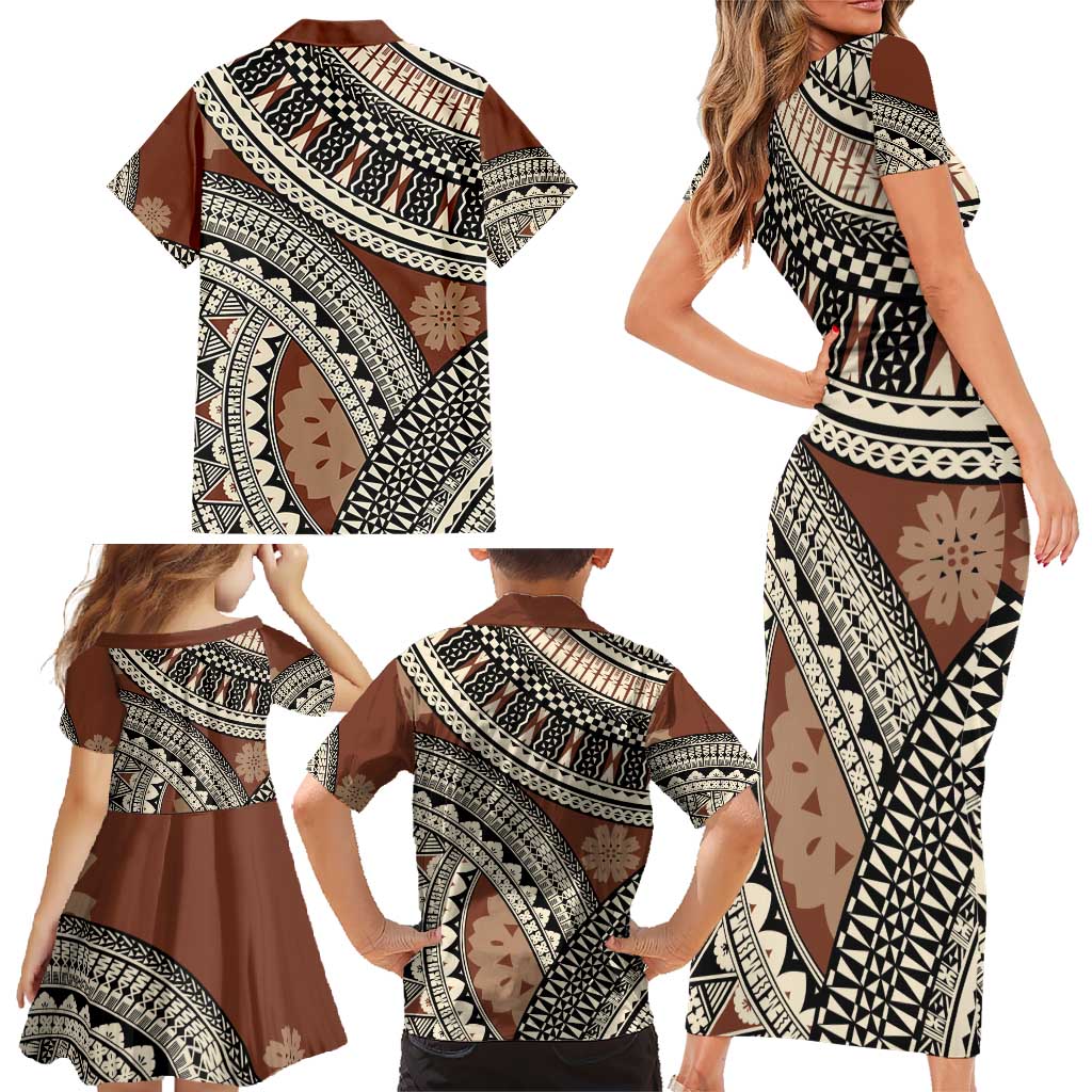 Bula Fiji Classic Masi Tapa Family Matching Short Sleeve Bodycon Dress and Hawaiian Shirt Vintage Brown LT7 - Polynesian Pride