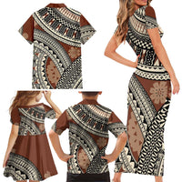 Bula Fiji Classic Masi Tapa Family Matching Short Sleeve Bodycon Dress and Hawaiian Shirt Vintage Brown LT7 - Polynesian Pride