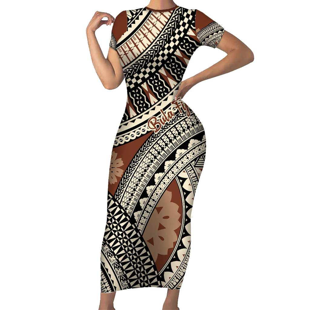 Bula Fiji Classic Masi Tapa Family Matching Short Sleeve Bodycon Dress and Hawaiian Shirt Vintage Brown LT7 Mom's Dress Brown - Polynesian Pride