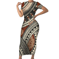 Bula Fiji Classic Masi Tapa Family Matching Short Sleeve Bodycon Dress and Hawaiian Shirt Vintage Brown LT7 Mom's Dress Brown - Polynesian Pride