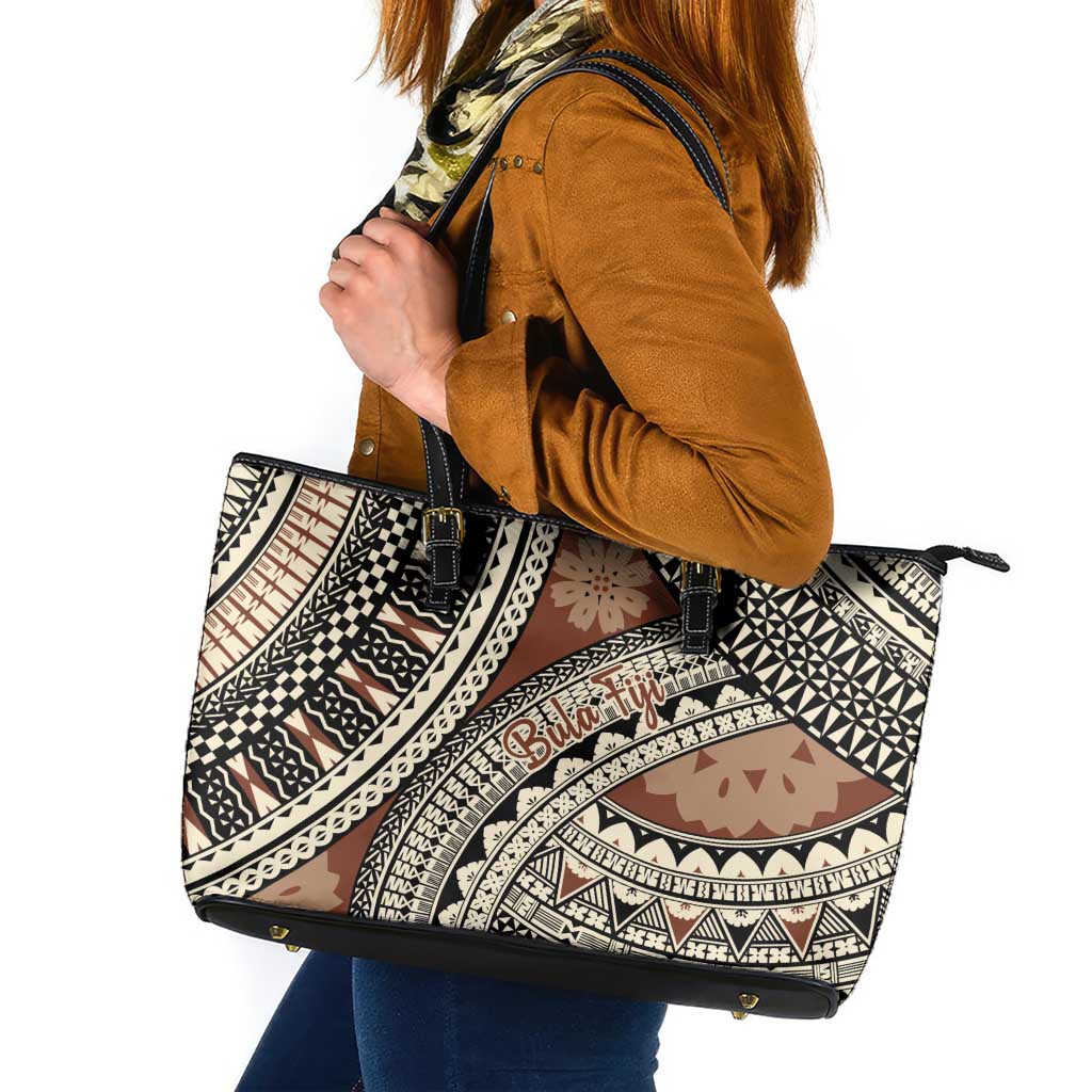 Bula Fiji Classic Masi Tapa Leather Tote Bag Vintage Brown - Polynesian Pride
