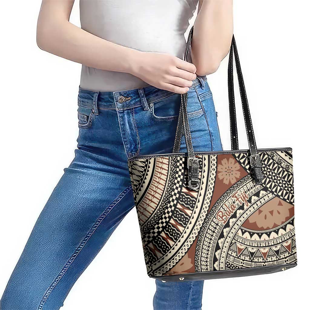 Bula Fiji Classic Masi Tapa Leather Tote Bag Vintage Brown - Polynesian Pride