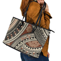 Bula Fiji Classic Masi Tapa Leather Tote Bag Vintage Brown - Polynesian Pride