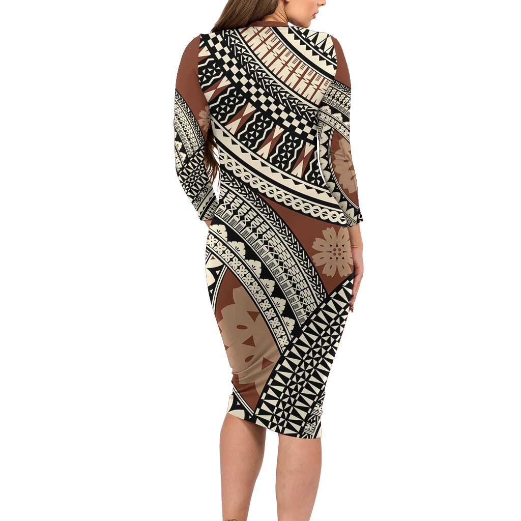 Bula Fiji Classic Masi Tapa Long Sleeve Bodycon Dress Vintage Brown - Polynesian Pride