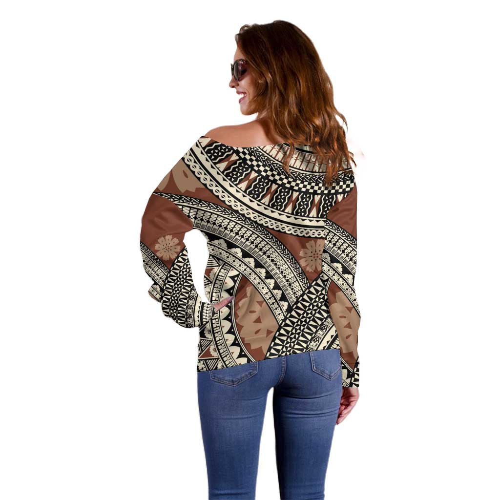 Bula Fiji Classic Masi Tapa Off Shoulder Sweater Vintage Brown - Polynesian Pride