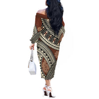 Bula Fiji Classic Masi Tapa Off The Shoulder Long Sleeve Dress Vintage Brown - Polynesian Pride