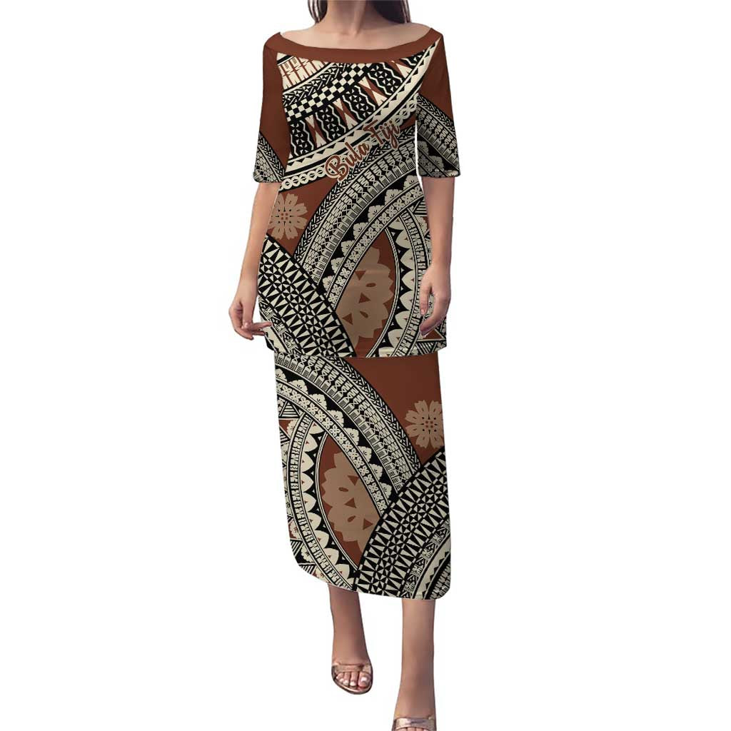 Bula Fiji Classic Masi Tapa Puletasi Vintage Brown - Polynesian Pride