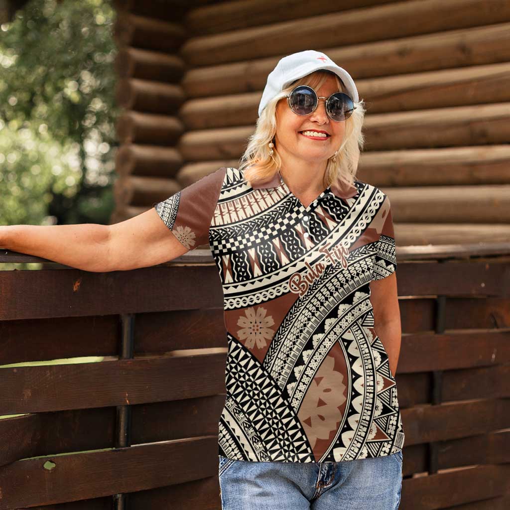 Bula Fiji Classic Masi Tapa Women Polo Shirt Vintage Brown - Polynesian Pride