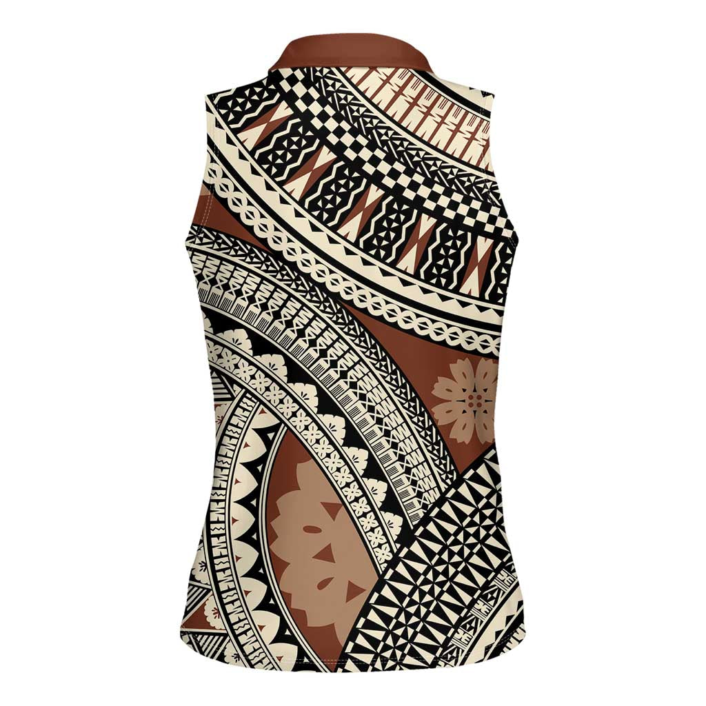 Bula Fiji Classic Masi Tapa Women Sleeveless Polo Shirt Vintage Brown - Polynesian Pride