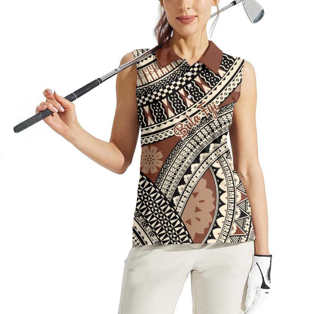 Bula Fiji Classic Masi Tapa Women Sleeveless Polo Shirt Vintage Brown - Polynesian Pride