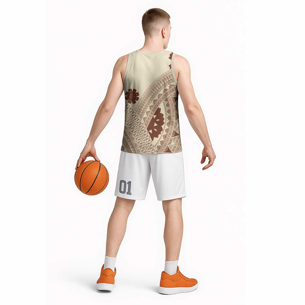 Bula Fiji Classic Masi Tapa Basketball Jersey Vintage Beige - Polynesian Pride