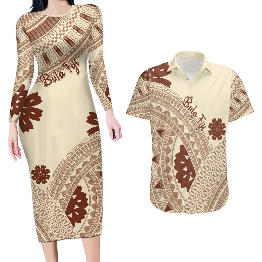 Bula Fiji Classic Masi Tapa Couples Matching Long Sleeve Bodycon Dress and Hawaiian Shirt Vintage Beige LT7 Beige - Polynesian Pride