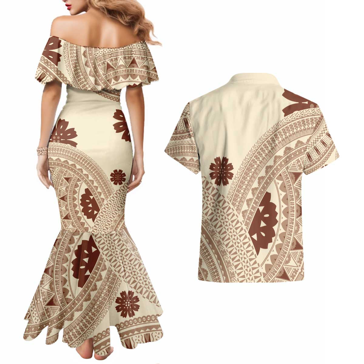 Bula Fiji Classic Masi Tapa Couples Matching Mermaid Dress and Hawaiian Shirt Vintage Beige LT7 - Polynesian Pride