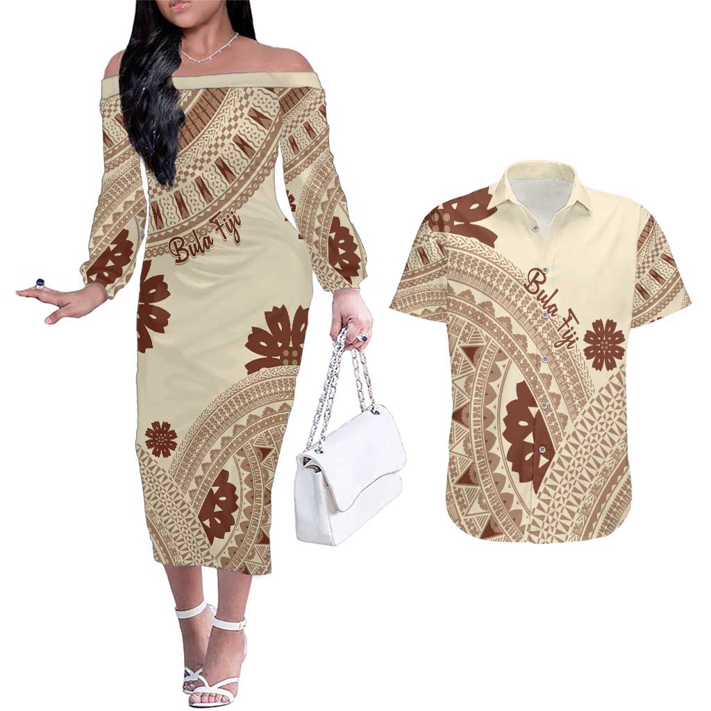 Bula Fiji Classic Masi Tapa Couples Matching Off The Shoulder Long Sleeve Dress and Hawaiian Shirt Vintage Beige LT7 Beige - Polynesian Pride