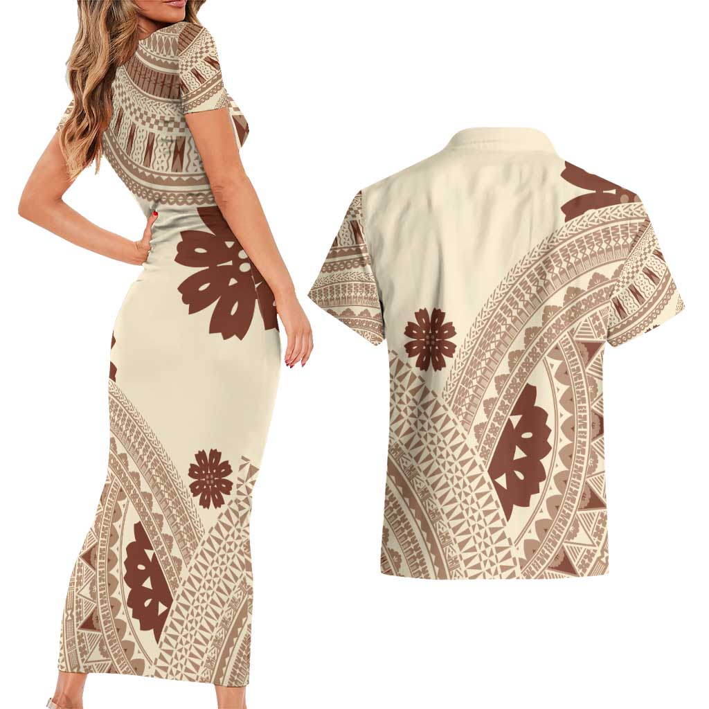 Bula Fiji Classic Masi Tapa Couples Matching Short Sleeve Bodycon Dress and Hawaiian Shirt Vintage Beige LT7 - Polynesian Pride