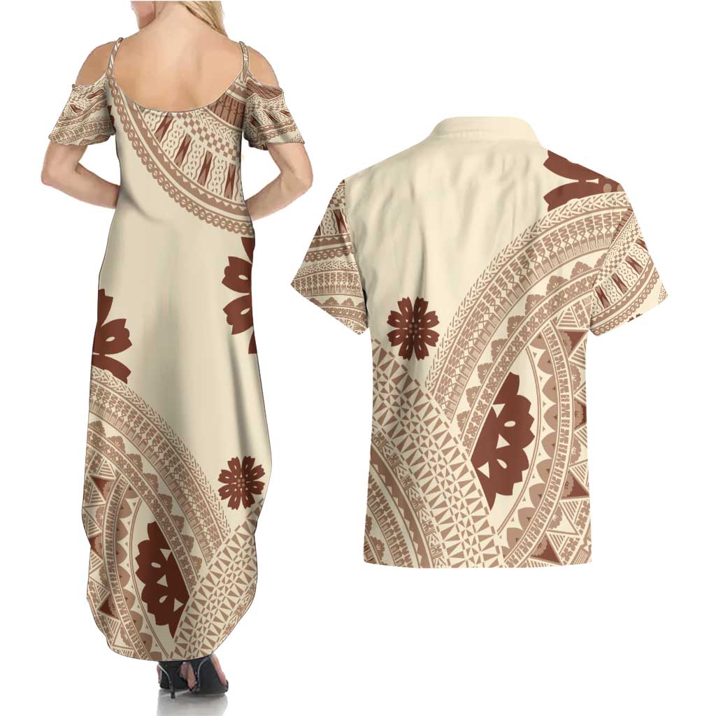 Bula Fiji Classic Masi Tapa Couples Matching Summer Maxi Dress and Hawaiian Shirt Vintage Beige - Polynesian Pride
