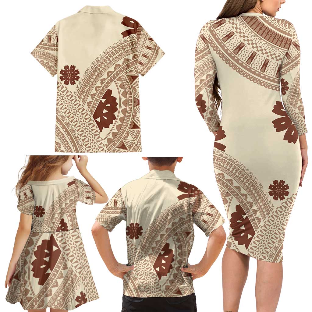 Bula Fiji Classic Masi Tapa Family Matching Long Sleeve Bodycon Dress and Hawaiian Shirt Vintage Beige LT7 - Polynesian Pride