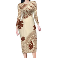 Bula Fiji Classic Masi Tapa Family Matching Long Sleeve Bodycon Dress and Hawaiian Shirt Vintage Beige LT7 Mom's Dress Beige - Polynesian Pride