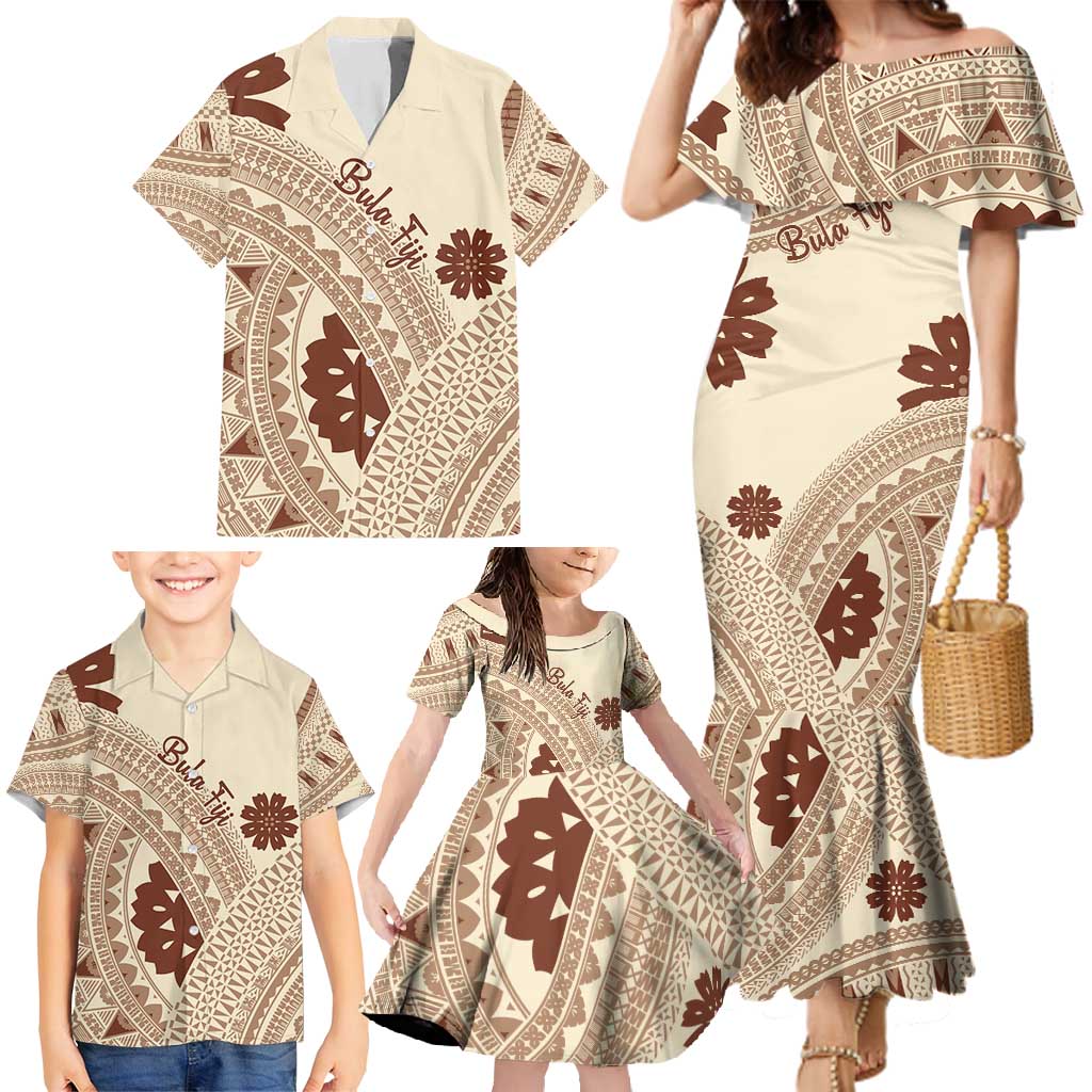 Bula Fiji Classic Masi Tapa Family Matching Mermaid Dress and Hawaiian Shirt Vintage Beige LT7 - Polynesian Pride