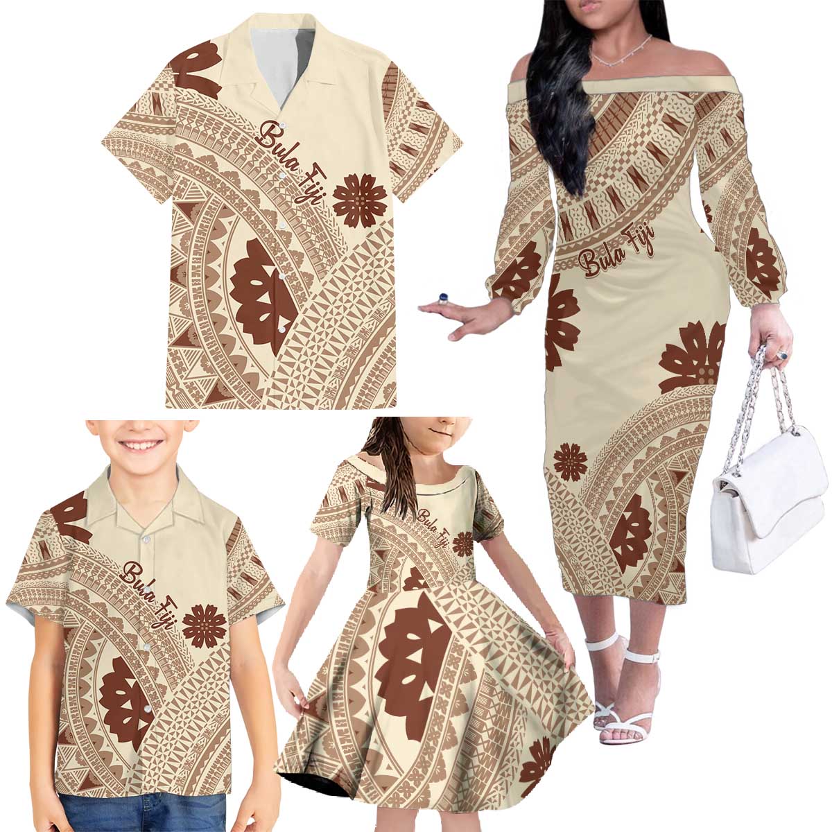 Bula Fiji Classic Masi Tapa Family Matching Off The Shoulder Long Sleeve Dress and Hawaiian Shirt Vintage Beige LT7 - Polynesian Pride