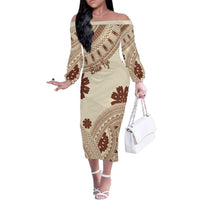 Bula Fiji Classic Masi Tapa Family Matching Off The Shoulder Long Sleeve Dress and Hawaiian Shirt Vintage Beige LT7 Mom's Dress Beige - Polynesian Pride