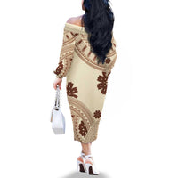Bula Fiji Classic Masi Tapa Family Matching Off The Shoulder Long Sleeve Dress and Hawaiian Shirt Vintage Beige LT7 - Polynesian Pride