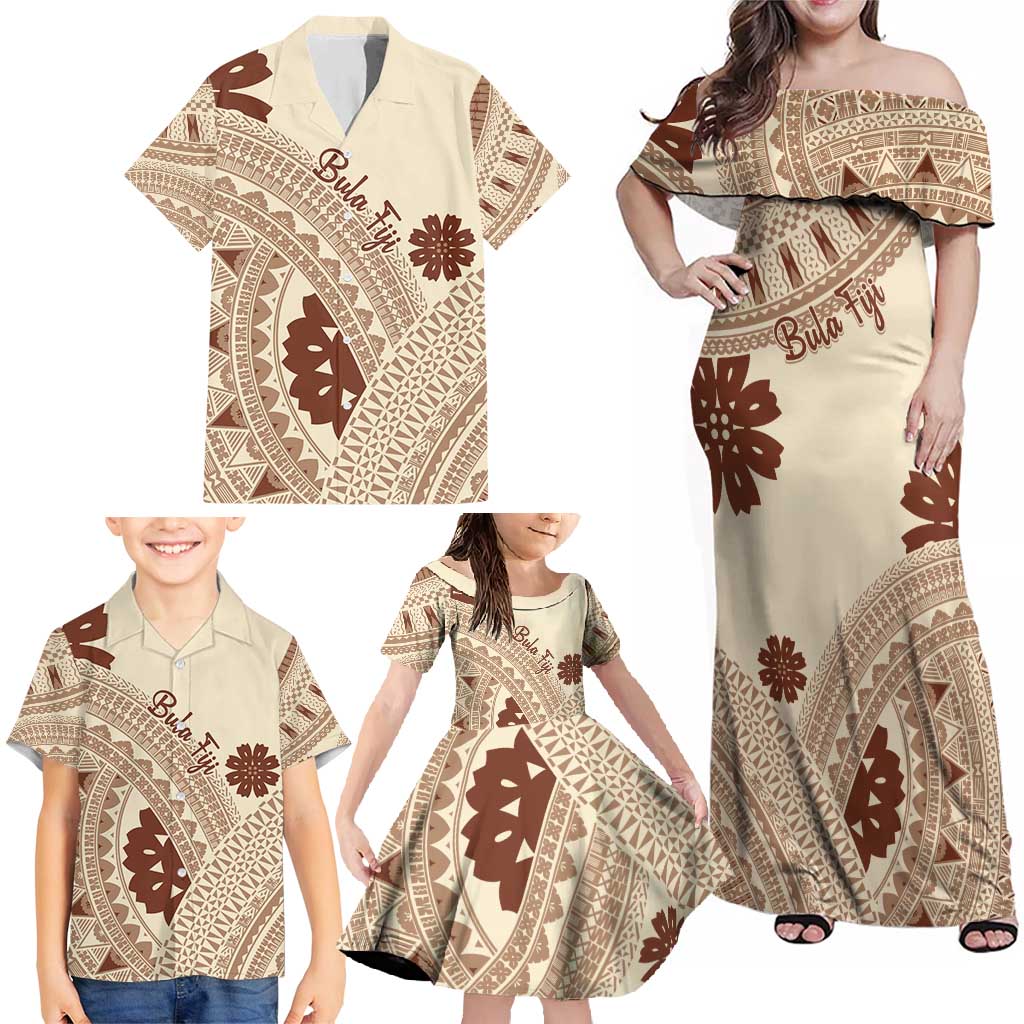 Bula Fiji Classic Masi Tapa Family Matching Off Shoulder Maxi Dress and Hawaiian Shirt Vintage Beige LT7 - Polynesian Pride
