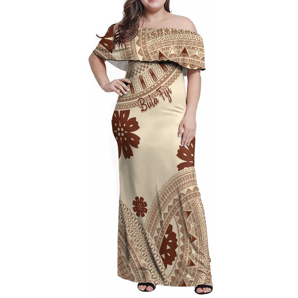 Bula Fiji Classic Masi Tapa Family Matching Off Shoulder Maxi Dress and Hawaiian Shirt Vintage Beige LT7 Mom's Dress Beige - Polynesian Pride