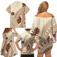 Bula Fiji Classic Masi Tapa Family Matching Off Shoulder Short Dress and Hawaiian Shirt Vintage Beige LT7 - Polynesian Pride