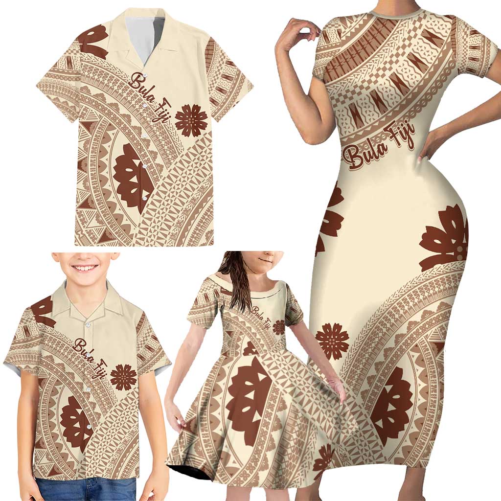 Bula Fiji Classic Masi Tapa Family Matching Short Sleeve Bodycon Dress and Hawaiian Shirt Vintage Beige LT7 - Polynesian Pride