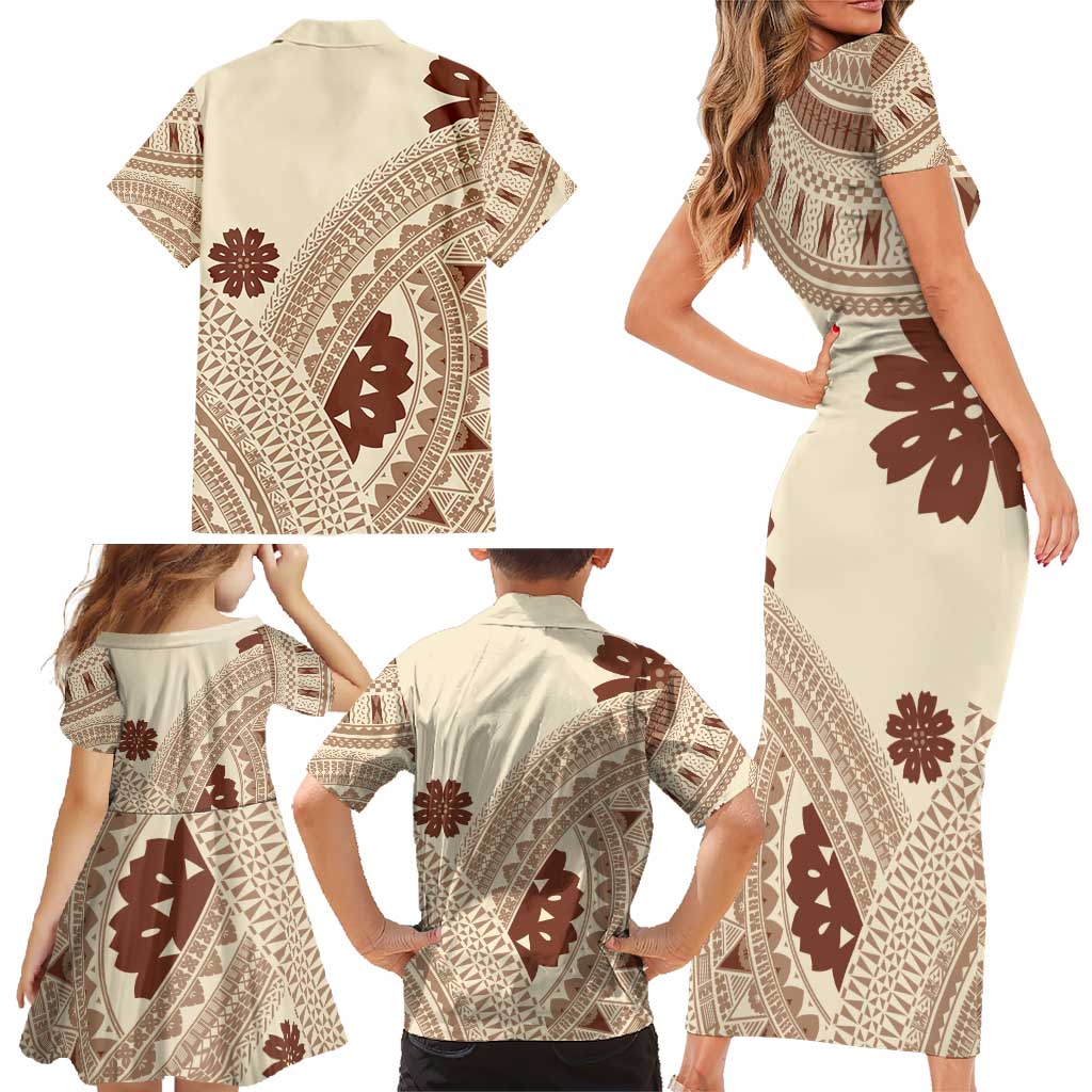 Bula Fiji Classic Masi Tapa Family Matching Short Sleeve Bodycon Dress and Hawaiian Shirt Vintage Beige LT7 - Polynesian Pride