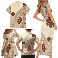 Bula Fiji Classic Masi Tapa Family Matching Short Sleeve Bodycon Dress and Hawaiian Shirt Vintage Beige LT7 - Polynesian Pride