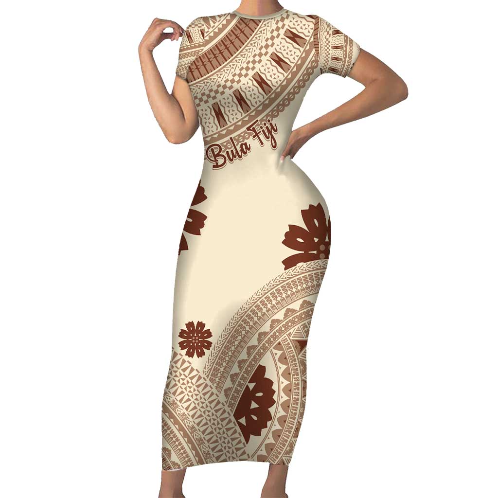 Bula Fiji Classic Masi Tapa Family Matching Short Sleeve Bodycon Dress and Hawaiian Shirt Vintage Beige LT7 Mom's Dress Beige - Polynesian Pride