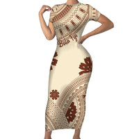 Bula Fiji Classic Masi Tapa Family Matching Short Sleeve Bodycon Dress and Hawaiian Shirt Vintage Beige LT7 Mom's Dress Beige - Polynesian Pride