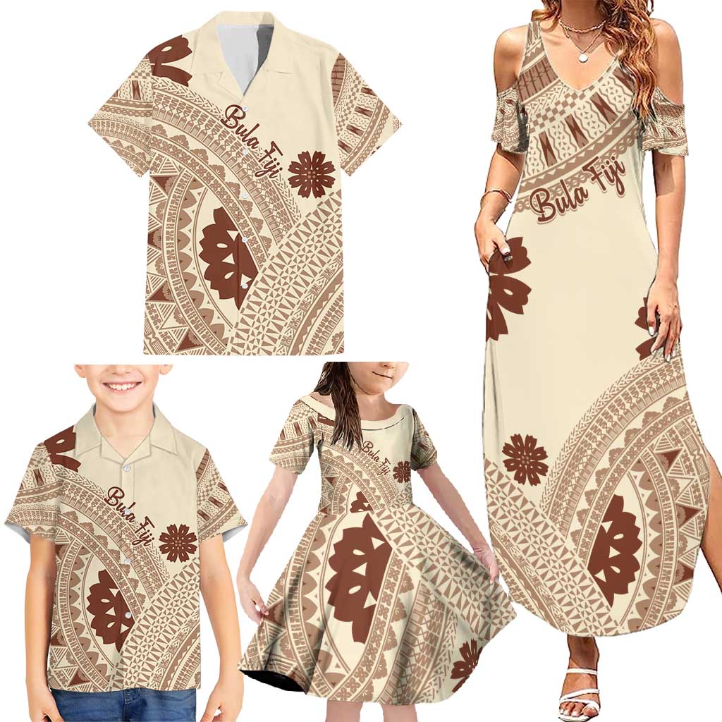 Bula Fiji Classic Masi Tapa Family Matching Summer Maxi Dress and Hawaiian Shirt Vintage Beige LT7 - Polynesian Pride
