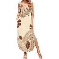 Bula Fiji Classic Masi Tapa Family Matching Summer Maxi Dress and Hawaiian Shirt Vintage Beige LT7 Mom's Dress Beige - Polynesian Pride