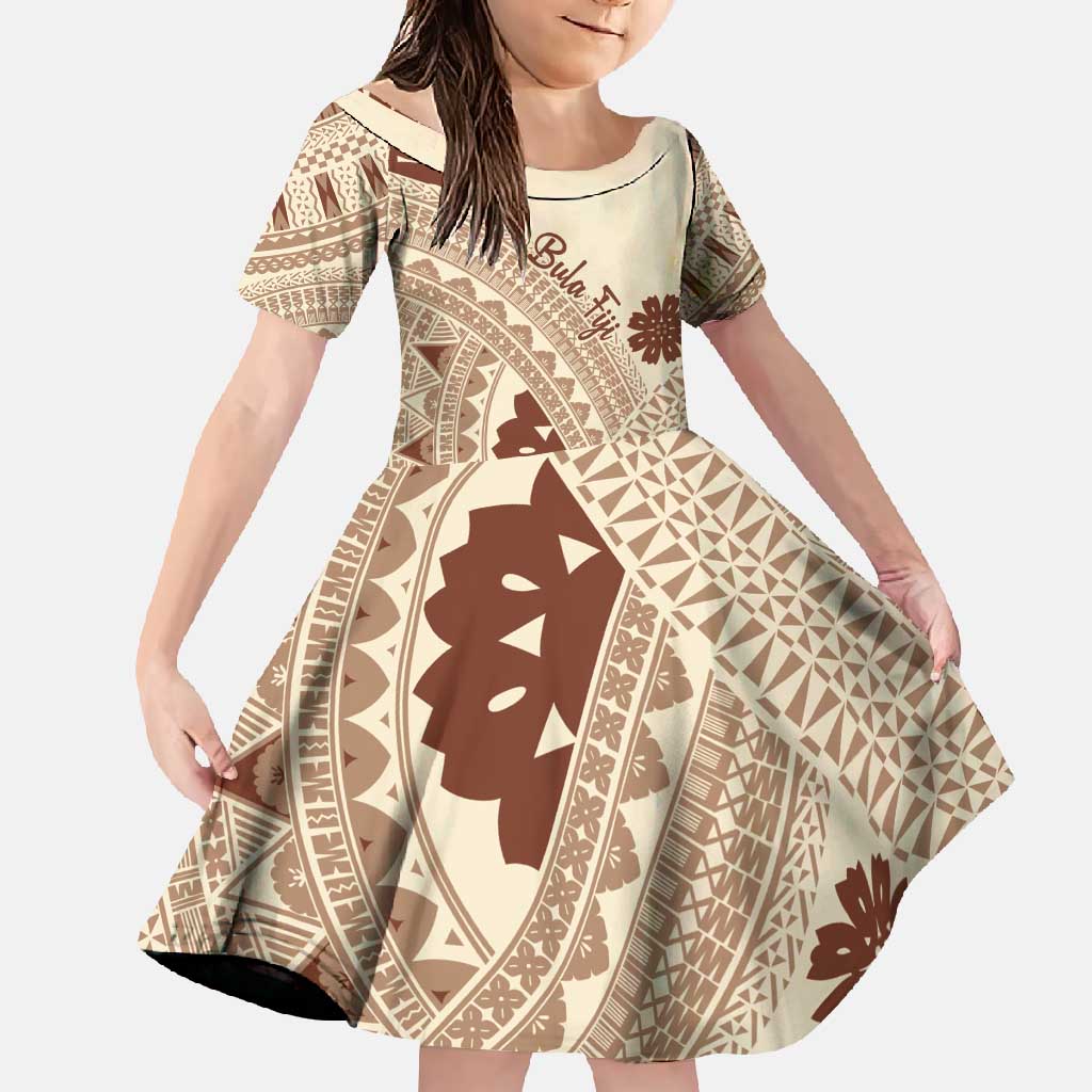 Bula Fiji Classic Masi Tapa Family Matching Tank Maxi Dress and Hawaiian Shirt Vintage Beige LT7 Daughter's Dress Beige - Polynesian Pride