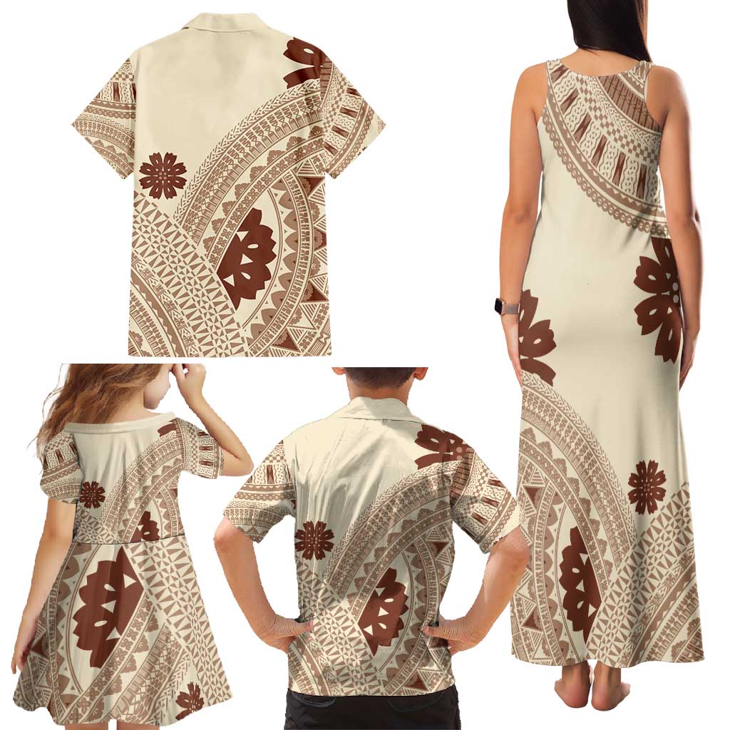Bula Fiji Classic Masi Tapa Family Matching Tank Maxi Dress and Hawaiian Shirt Vintage Beige LT7 - Polynesian Pride