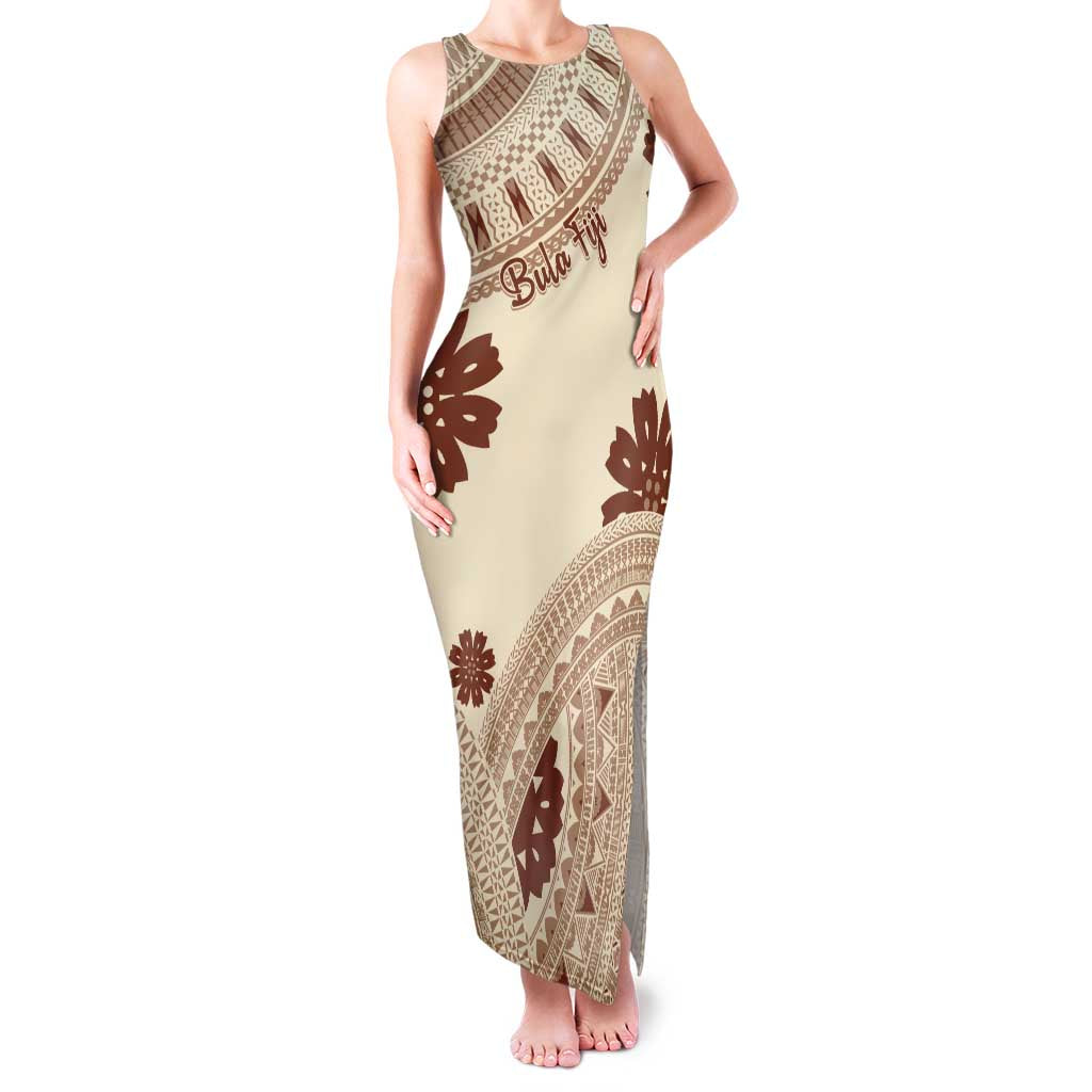 Bula Fiji Classic Masi Tapa Family Matching Tank Maxi Dress and Hawaiian Shirt Vintage Beige LT7 Mom's Dress Beige - Polynesian Pride