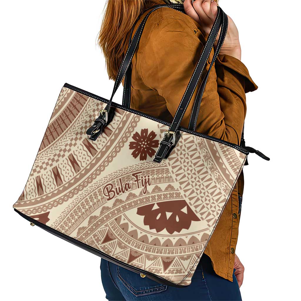Bula Fiji Classic Masi Tapa Leather Tote Bag Vintage Beige - Polynesian Pride